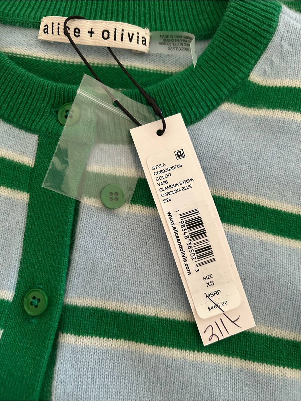 ALICE + OLIVIA Dollie Stripe Crop Cashmere Cardigan Glamour Stripe Carolina Blue - Picture 8 of 9